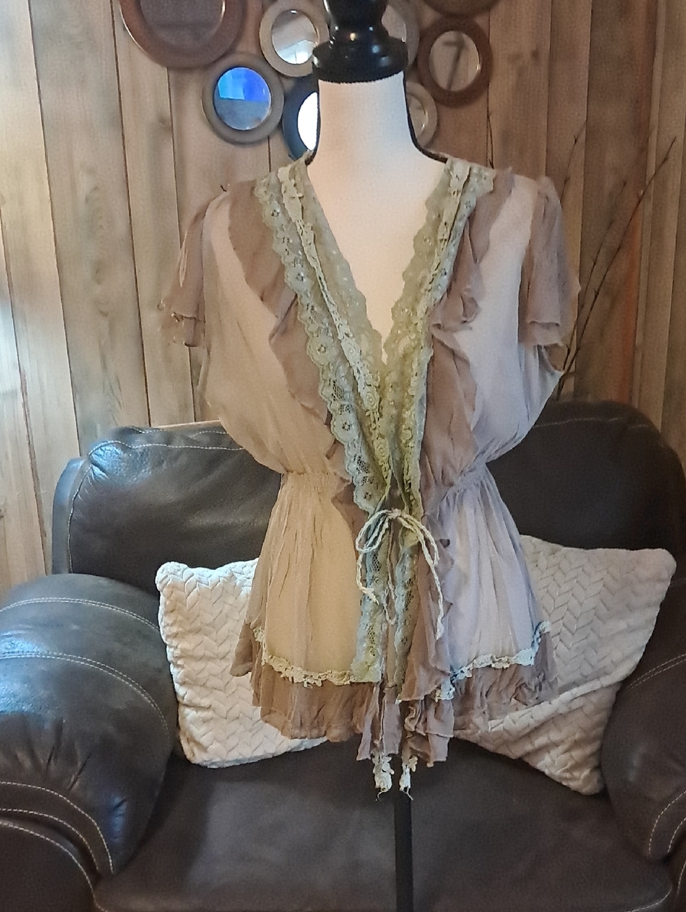 Pretty Angel Brown Sage Ruffle One  Button Tie-Front Short Sleeve Lacd Blouse